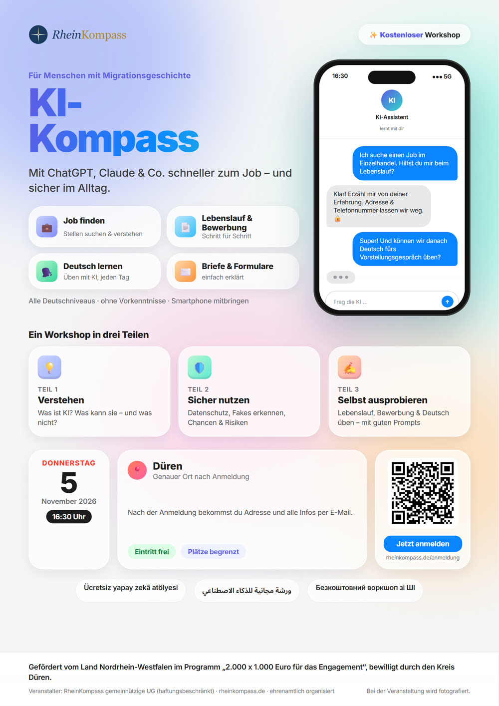 Plakat: KI-Kompass — KI-Workshop für Migrant*innen
